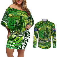 Father's Day Cook Islands Couples Matching Off Shoulder Short Dress and Long Sleeve Button Shirt Special Dad Polynesia Paradise DT02 Green - Polynesian Pride