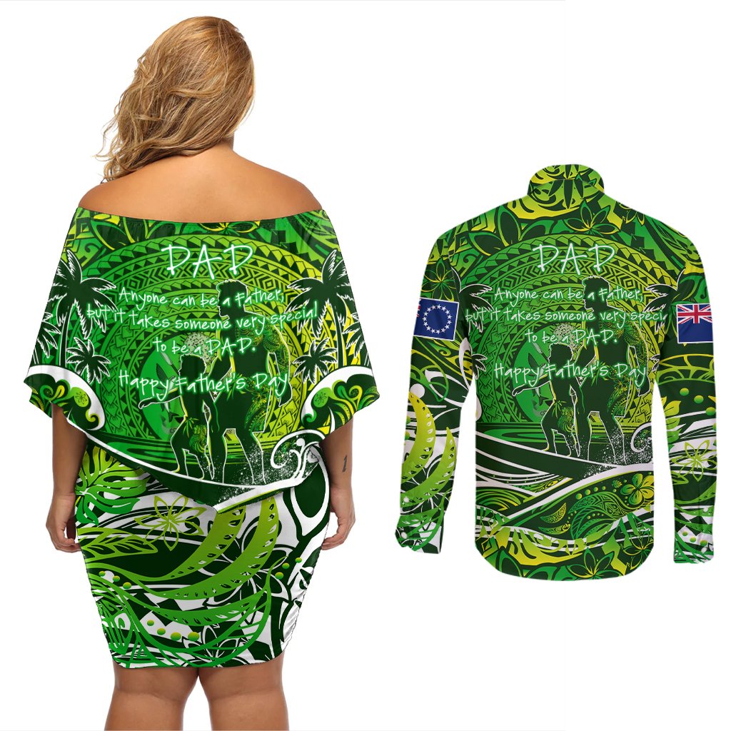 Father's Day Cook Islands Couples Matching Off Shoulder Short Dress and Long Sleeve Button Shirt Special Dad Polynesia Paradise DT02 - Polynesian Pride