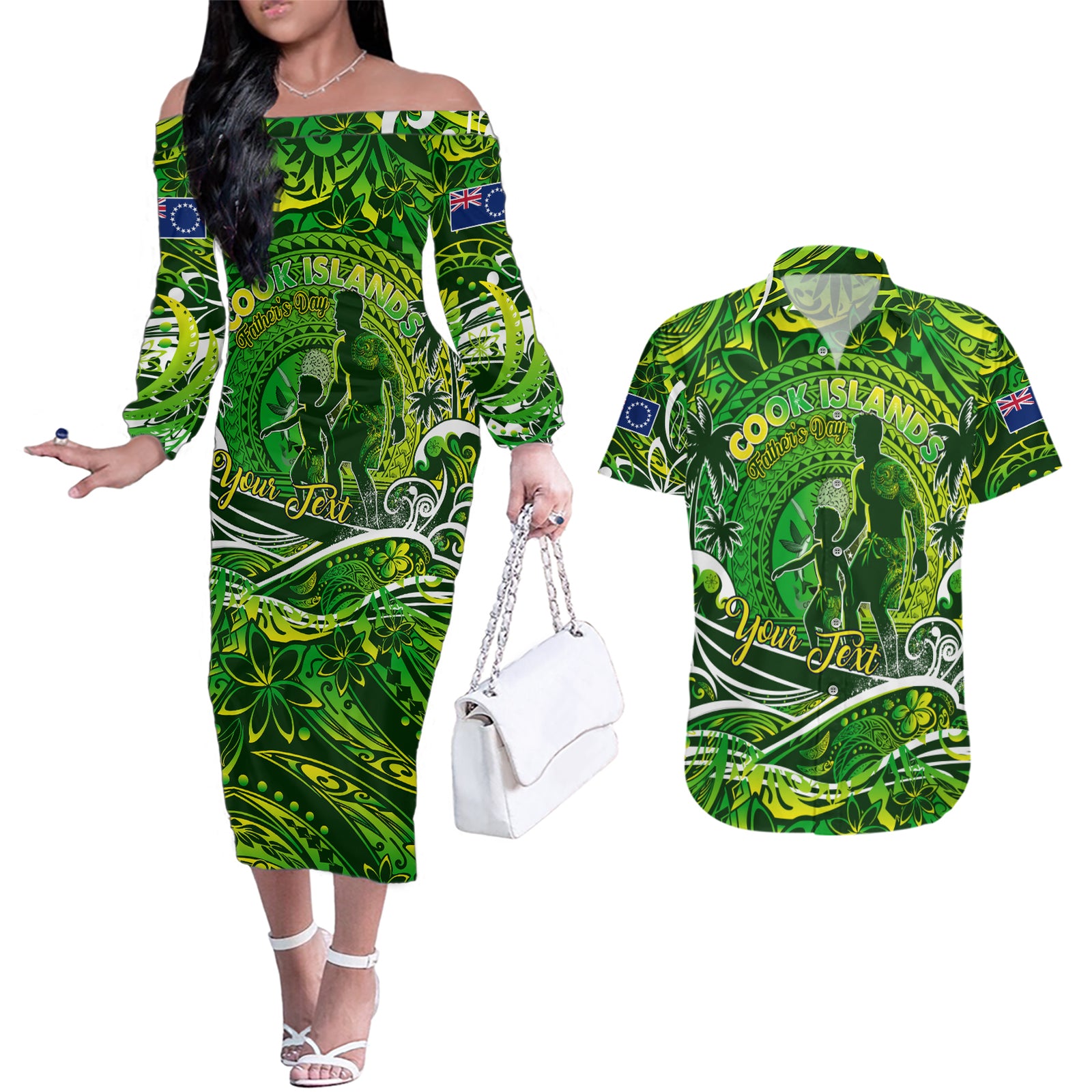 Father's Day Cook Islands Couples Matching Off The Shoulder Long Sleeve Dress and Hawaiian Shirt Special Dad Polynesia Paradise DT02 Green - Polynesian Pride