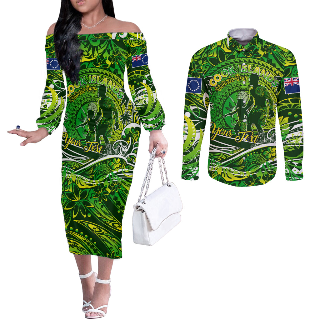 Father's Day Cook Islands Couples Matching Off The Shoulder Long Sleeve Dress and Long Sleeve Button Shirt Special Dad Polynesia Paradise