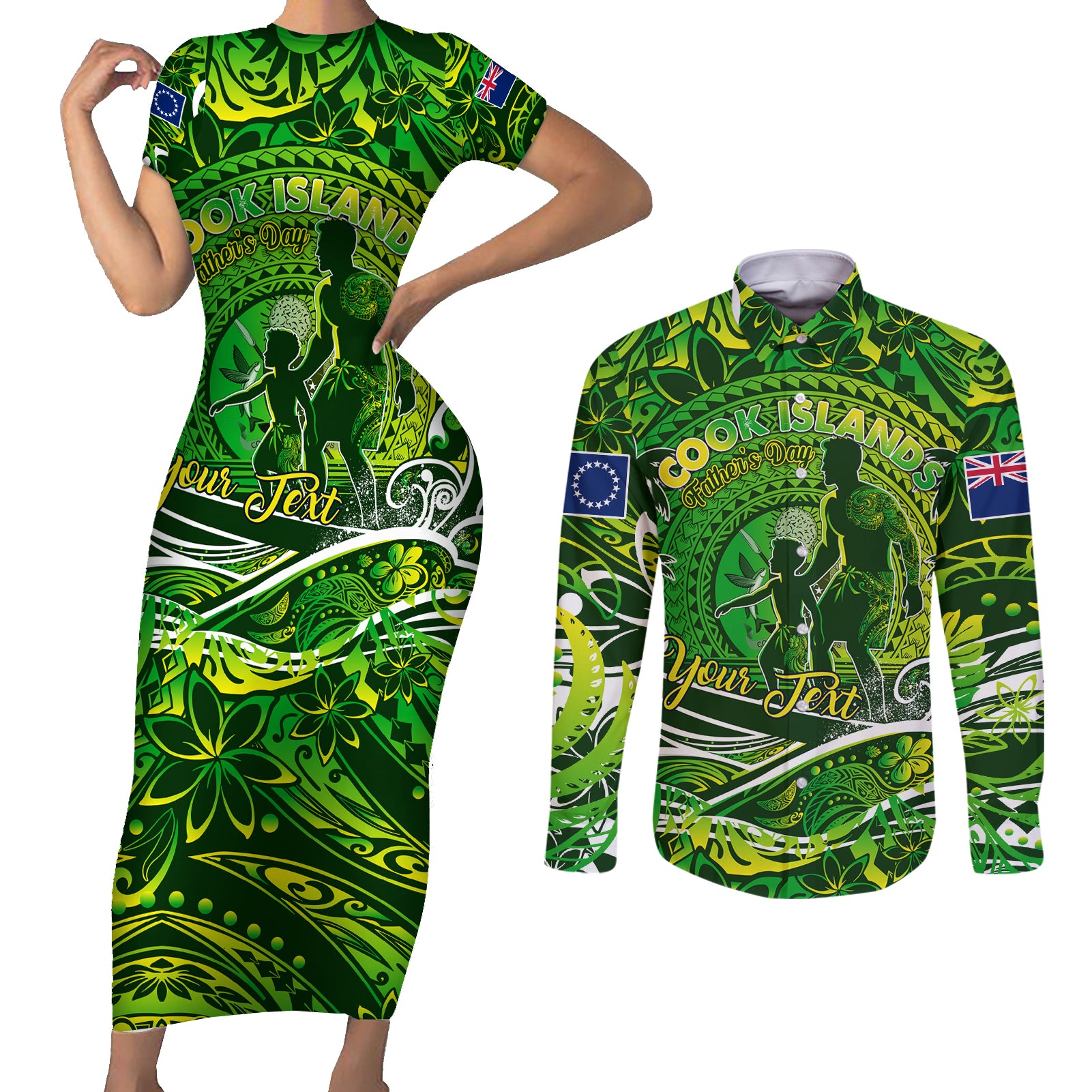 Father's Day Cook Islands Couples Matching Short Sleeve Bodycon Dress and Long Sleeve Button Shirt Special Dad Polynesia Paradise