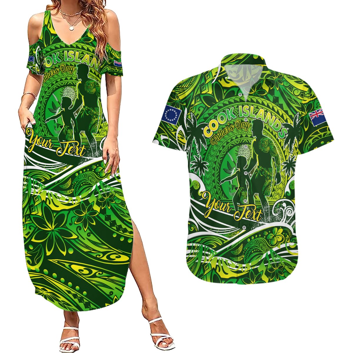 Father's Day Cook Islands Couples Matching Summer Maxi Dress and Hawaiian Shirt Special Dad Polynesia Paradise DT02 Green - Polynesian Pride