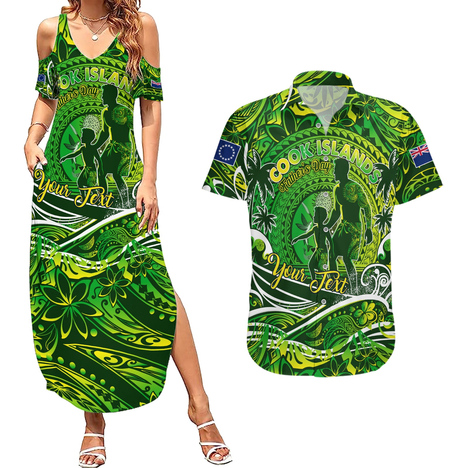 Father's Day Cook Islands Couples Matching Summer Maxi Dress and Hawaiian Shirt Special Dad Polynesia Paradise