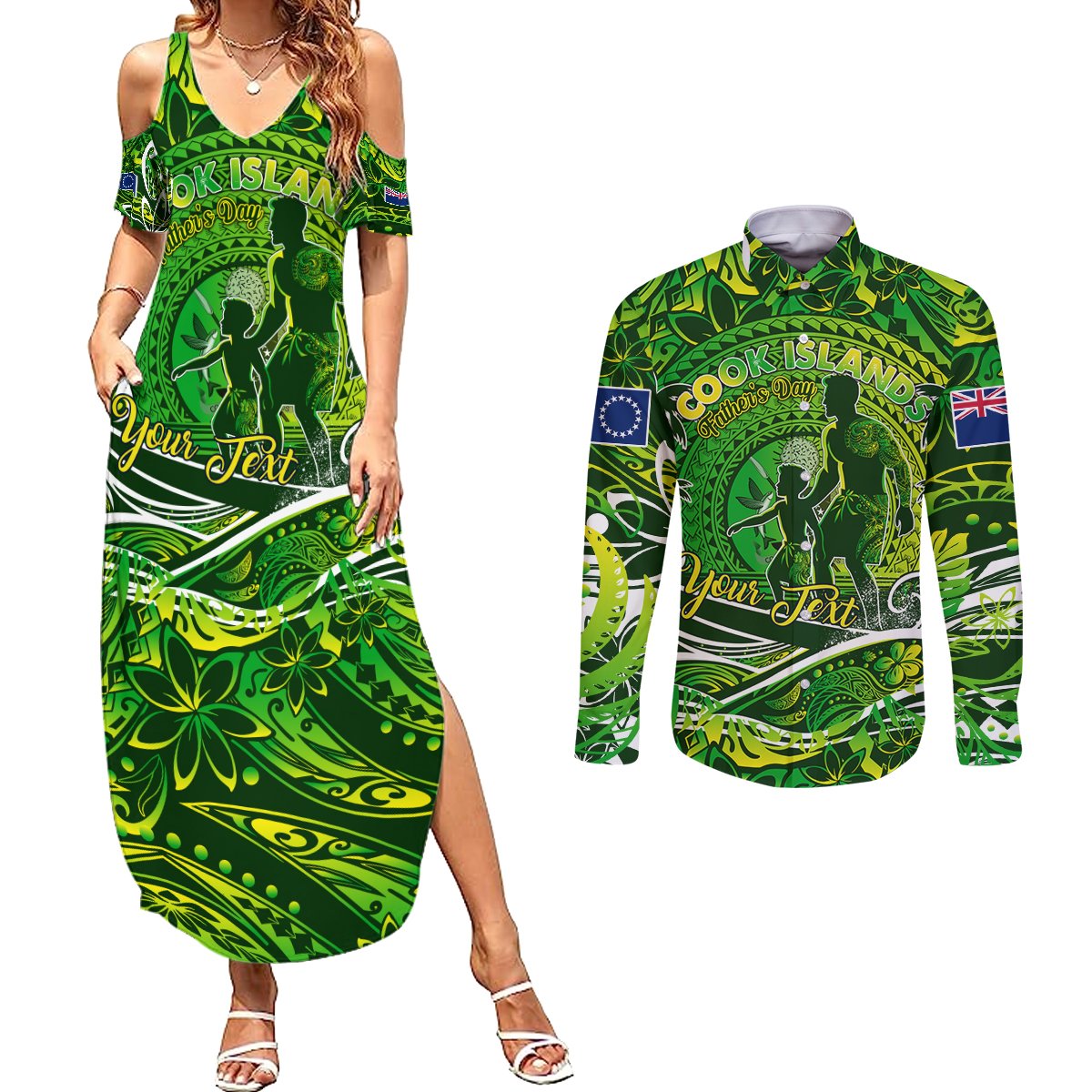 Father's Day Cook Islands Couples Matching Summer Maxi Dress and Long Sleeve Button Shirt Special Dad Polynesia Paradise DT02 Green - Polynesian Pride