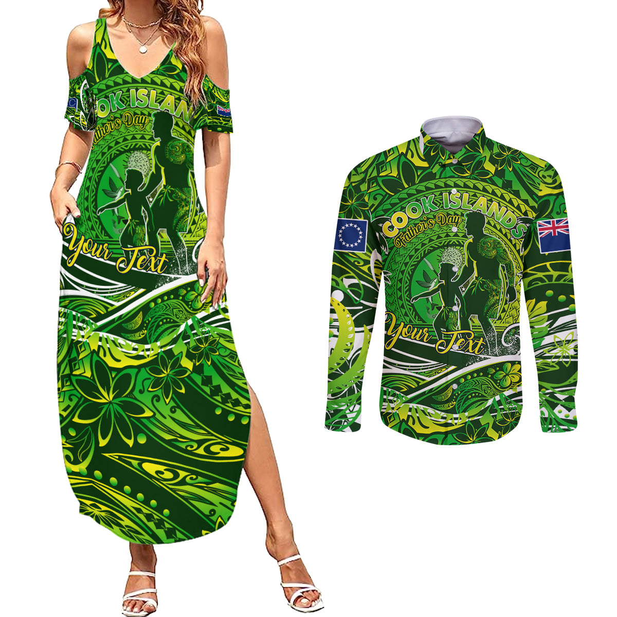 Father's Day Cook Islands Couples Matching Summer Maxi Dress and Long Sleeve Button Shirt Special Dad Polynesia Paradise