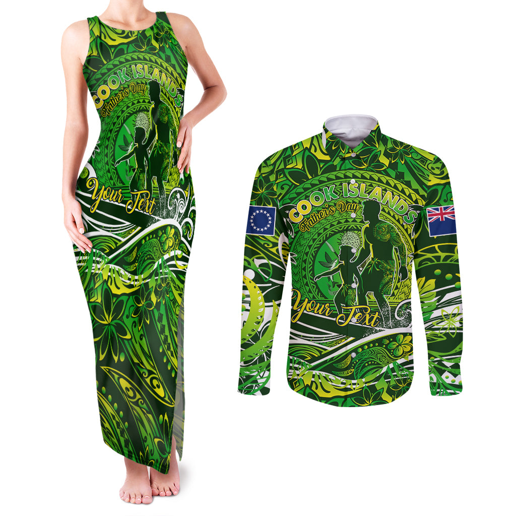 Father's Day Cook Islands Couples Matching Tank Maxi Dress and Long Sleeve Button Shirt Special Dad Polynesia Paradise DT02 Green - Polynesian Pride