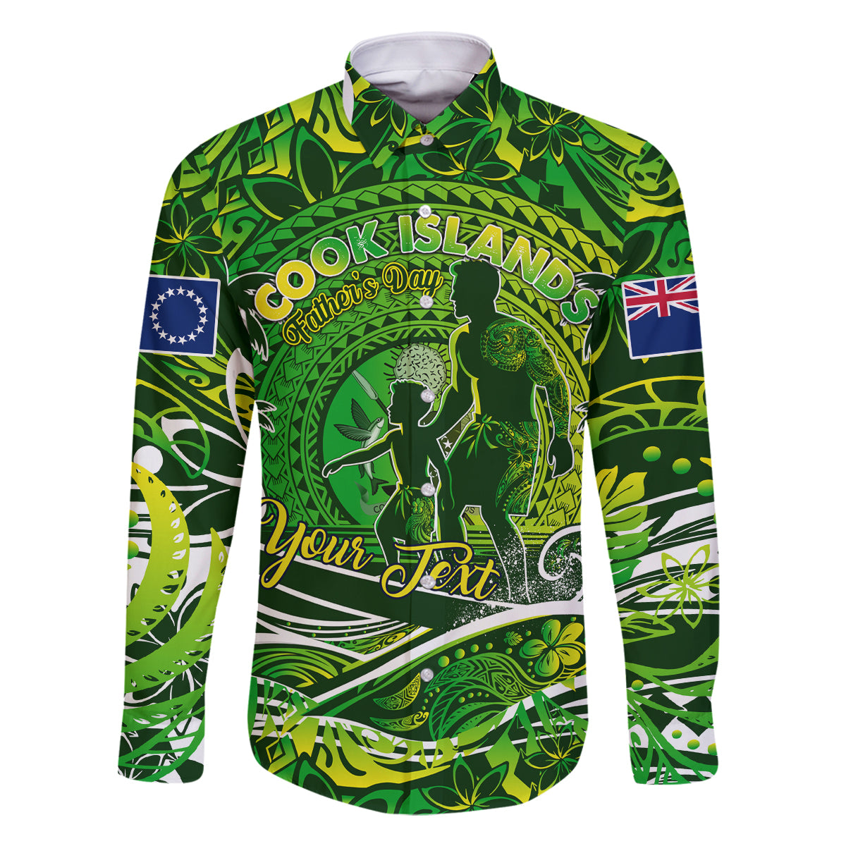 Father's Day Cook Islands Family Matching Summer Maxi Dress and Hawaiian Shirt Special Dad Polynesia Paradise DT02 Dad's Shirt - Long Sleeve Green - Polynesian Pride