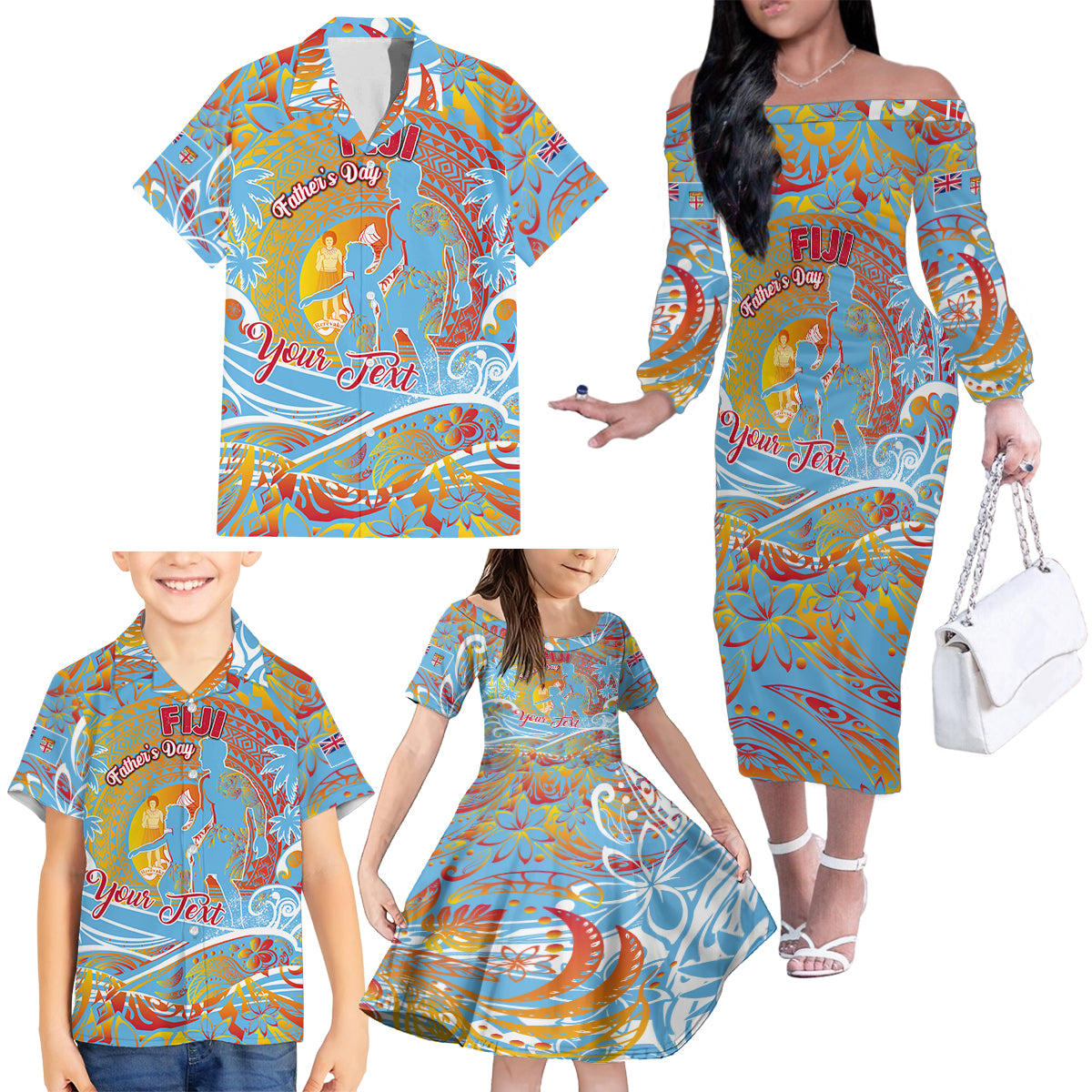 Father's Day Fiji Family Matching Off The Shoulder Long Sleeve Dress and Hawaiian Shirt Special Dad Polynesia Paradise