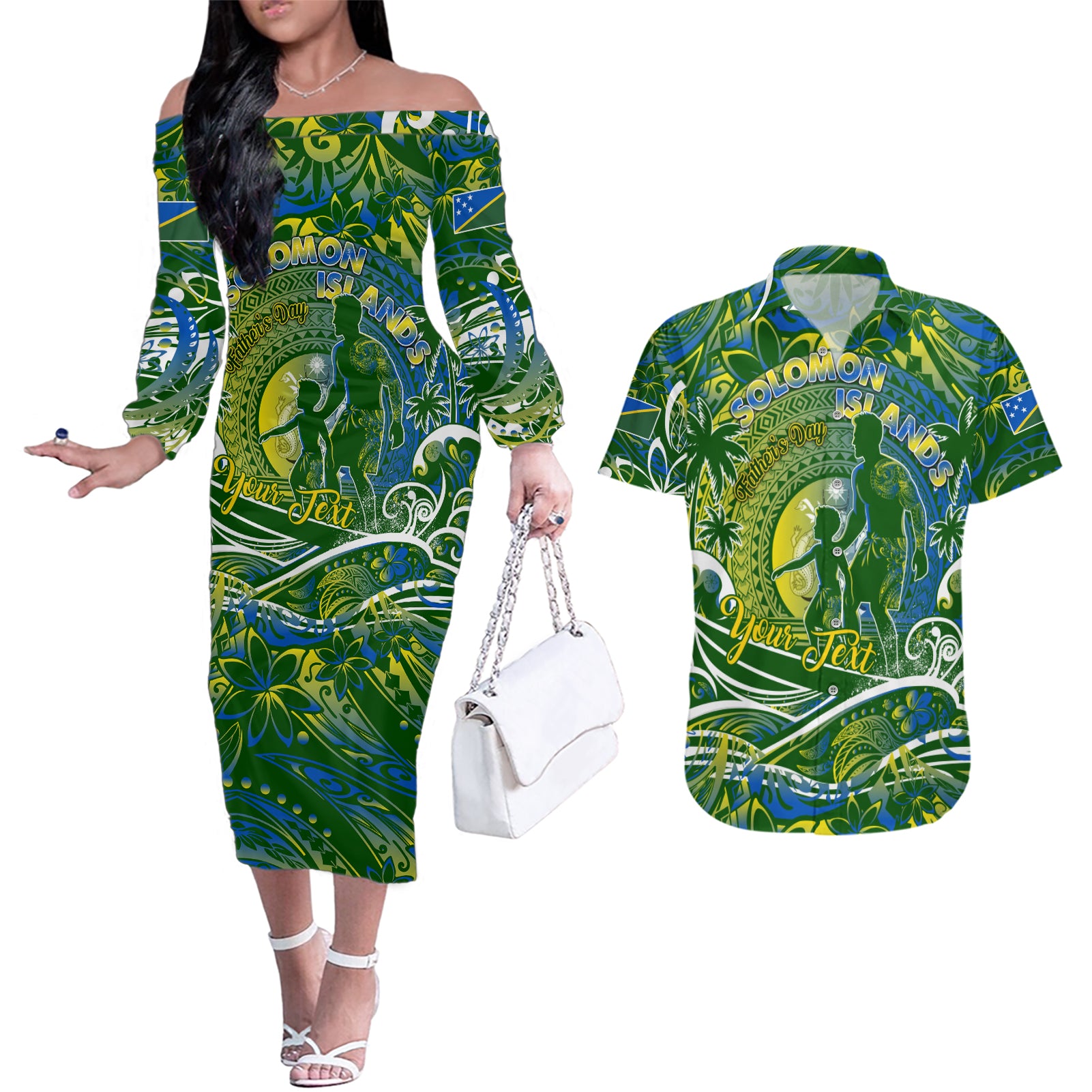 Father's Day Solomon Islands Couples Matching Off The Shoulder Long Sleeve Dress and Hawaiian Shirt Special Dad Polynesia Paradise