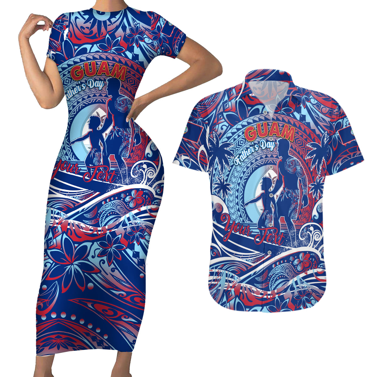 Father's Day Guam Couples Matching Short Sleeve Bodycon Dress and Hawaiian Shirt Special Dad Polynesia Paradise