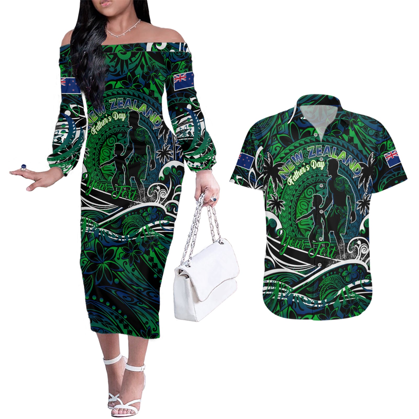 Father's Day New Zealand Couples Matching Off The Shoulder Long Sleeve Dress and Hawaiian Shirt Special Dad Polynesia Paradise