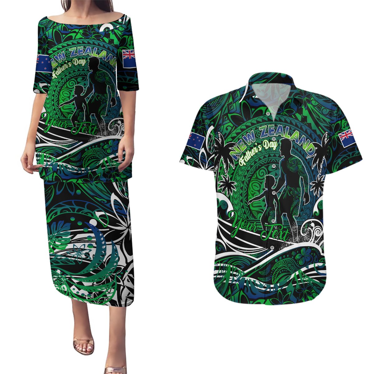 Father's Day New Zealand Couples Matching Puletasi and Hawaiian Shirt Special Dad Polynesia Paradise DT02 Green - Polynesian Pride