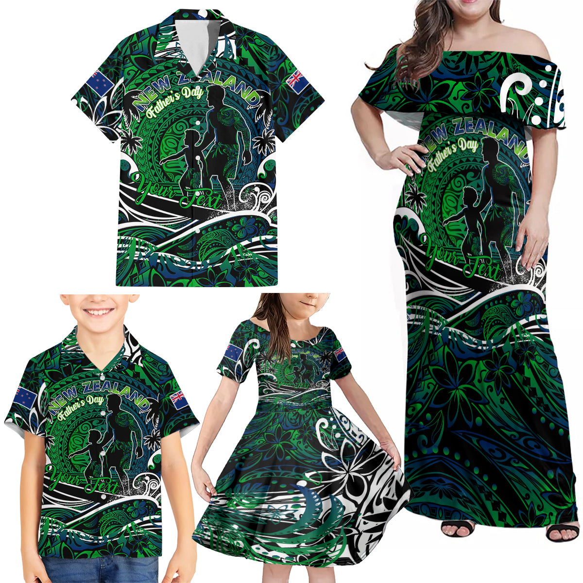 Father's Day New Zealand Family Matching Off Shoulder Maxi Dress and Hawaiian Shirt Special Dad Polynesia Paradise