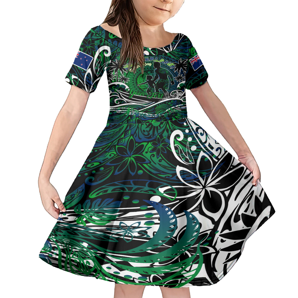 Father's Day New Zealand Family Matching Summer Maxi Dress and Hawaiian Shirt Special Dad Polynesia Paradise DT02 Daughter's Dress Green - Polynesian Pride