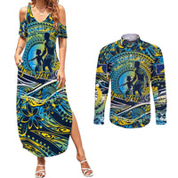 Father's Day Tokelau Couples Matching Summer Maxi Dress and Long Sleeve Button Shirt Special Dad Polynesia Paradise DT02 Blue - Polynesian Pride