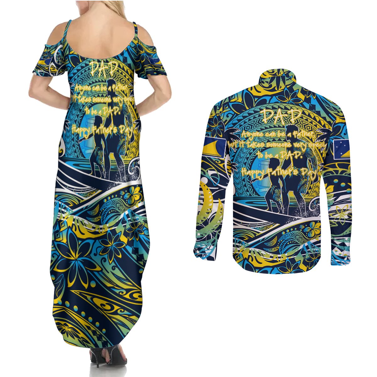 Father's Day Tokelau Couples Matching Summer Maxi Dress and Long Sleeve Button Shirt Special Dad Polynesia Paradise DT02 - Polynesian Pride