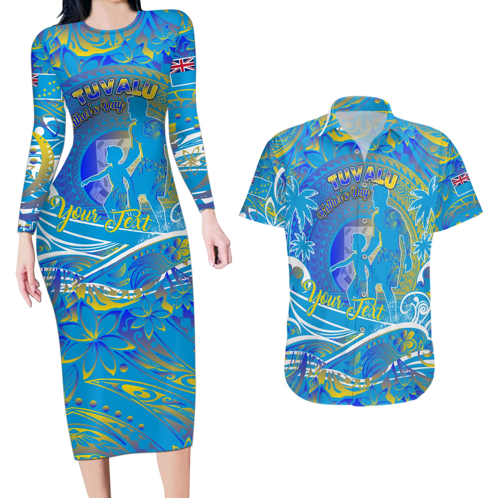 Father's Day Tuvalu Couples Matching Long Sleeve Bodycon Dress and Hawaiian Shirt Special Dad Polynesia Paradise DT02 Blue - Polynesian Pride