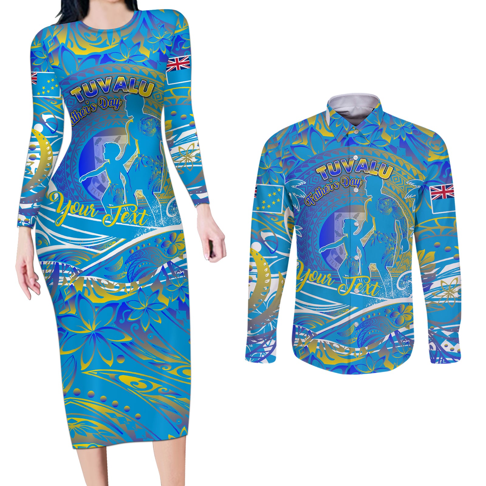 Father's Day Tuvalu Couples Matching Long Sleeve Bodycon Dress and Long Sleeve Button Shirt Special Dad Polynesia Paradise DT02 Blue - Polynesian Pride