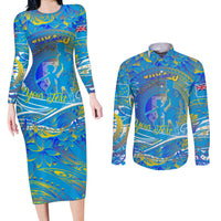 Father's Day Tuvalu Couples Matching Long Sleeve Bodycon Dress and Long Sleeve Button Shirt Special Dad Polynesia Paradise DT02 Blue - Polynesian Pride
