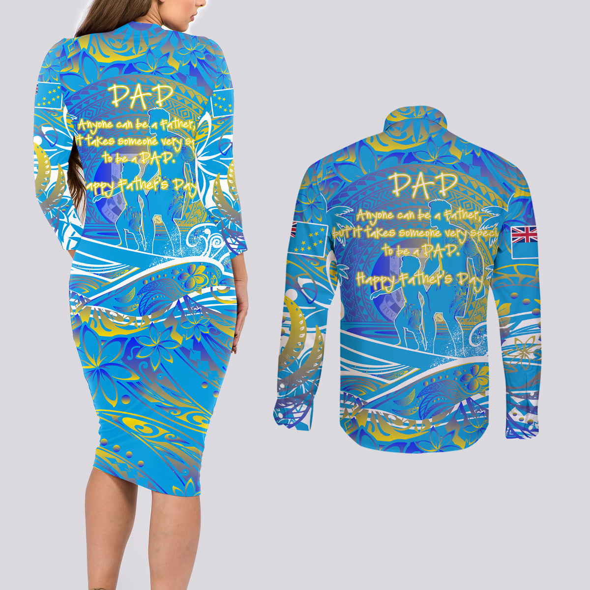 Father's Day Tuvalu Couples Matching Long Sleeve Bodycon Dress and Long Sleeve Button Shirt Special Dad Polynesia Paradise DT02 - Polynesian Pride