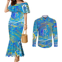Father's Day Tuvalu Couples Matching Mermaid Dress and Long Sleeve Button Shirt Special Dad Polynesia Paradise DT02 Blue - Polynesian Pride