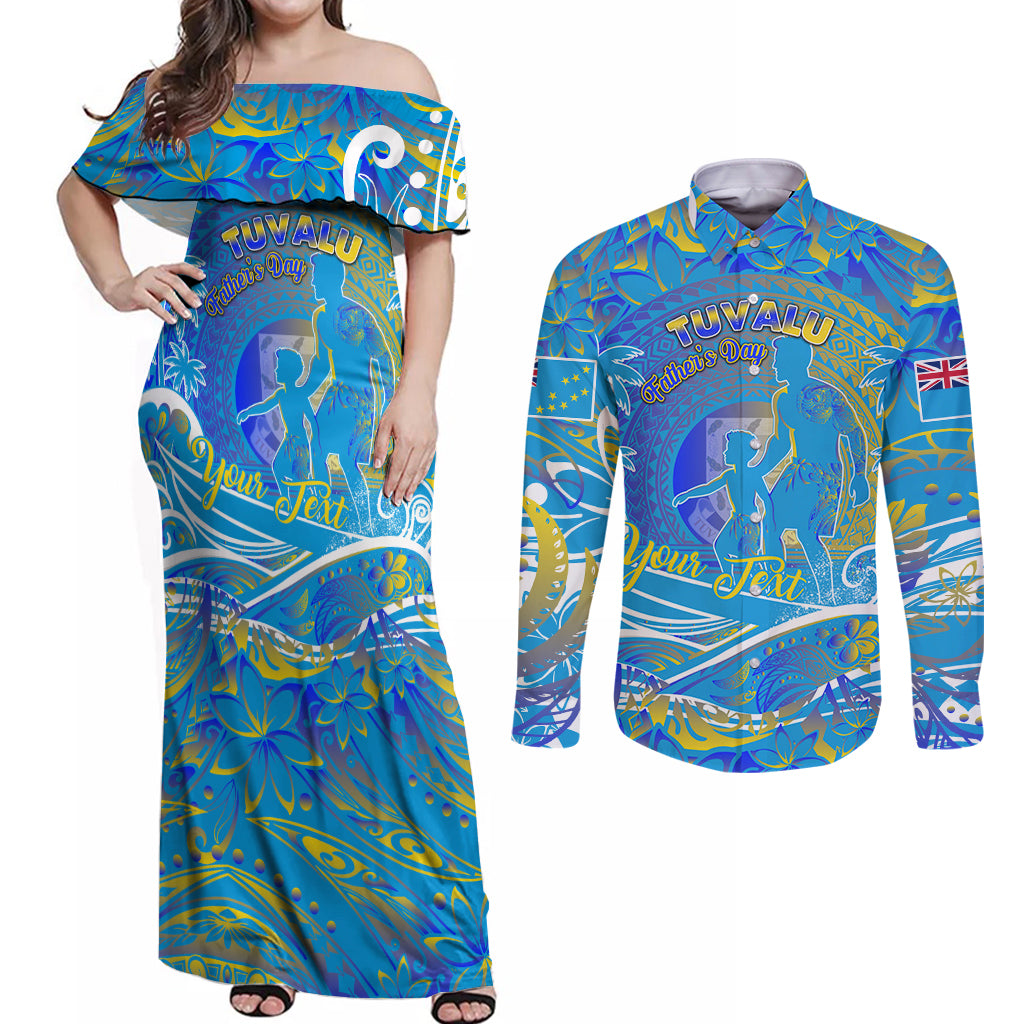 Father's Day Tuvalu Couples Matching Off Shoulder Maxi Dress and Long Sleeve Button Shirt Special Dad Polynesia Paradise DT02 Blue - Polynesian Pride