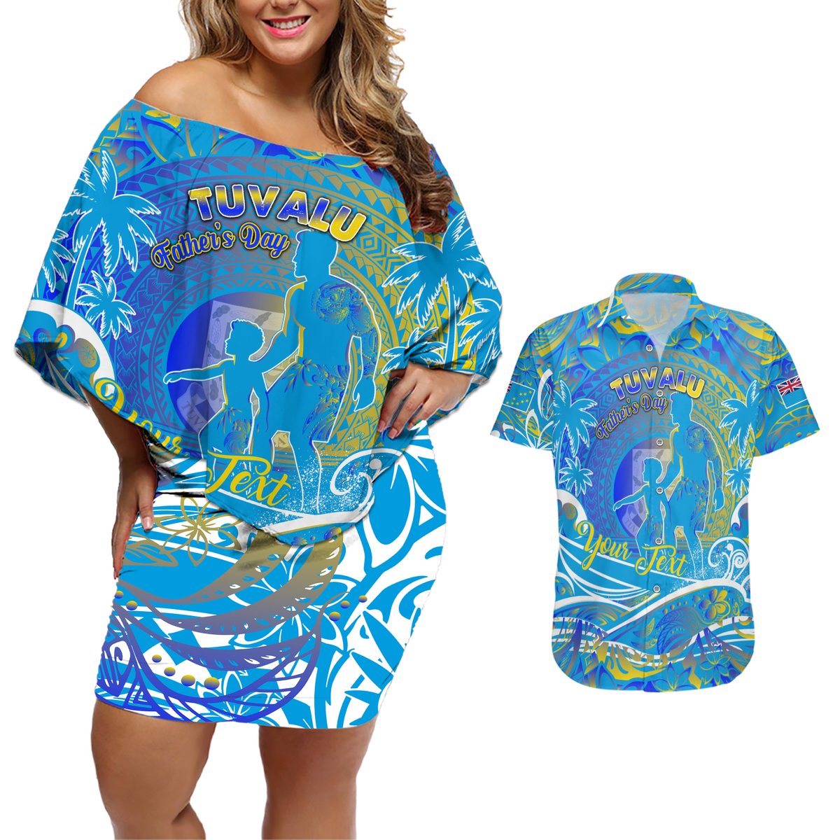 Father's Day Tuvalu Couples Matching Off Shoulder Short Dress and Hawaiian Shirt Special Dad Polynesia Paradise DT02 Blue - Polynesian Pride