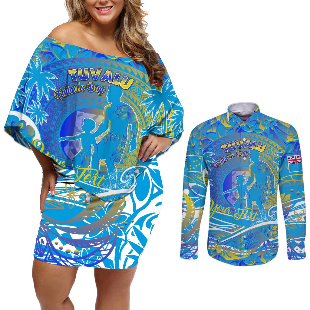 Father's Day Tuvalu Couples Matching Off Shoulder Short Dress and Long Sleeve Button Shirt Special Dad Polynesia Paradise DT02 Blue - Polynesian Pride