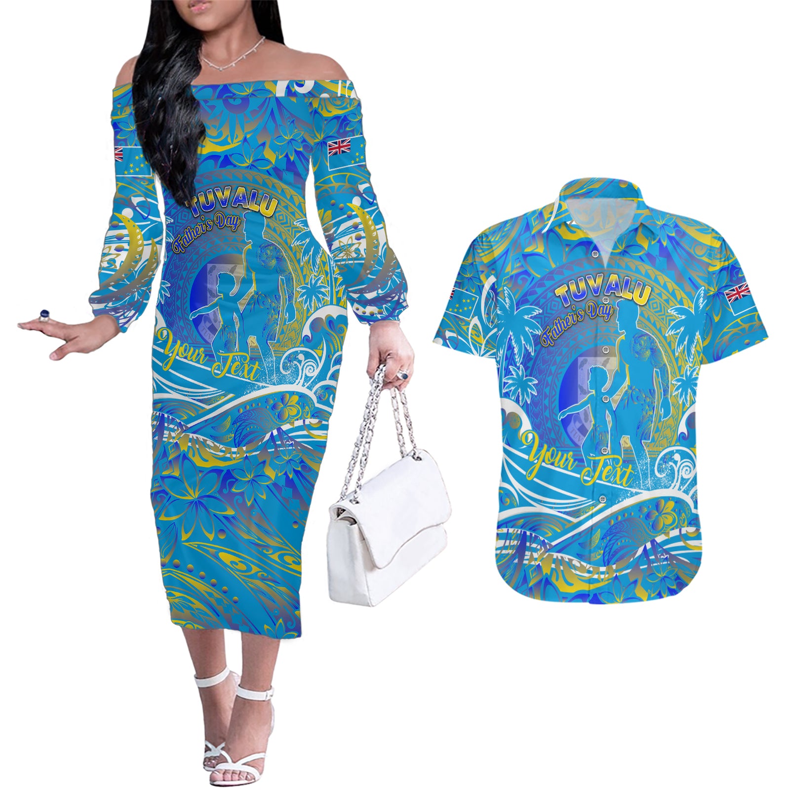 Father's Day Tuvalu Couples Matching Off The Shoulder Long Sleeve Dress and Hawaiian Shirt Special Dad Polynesia Paradise DT02 Blue - Polynesian Pride