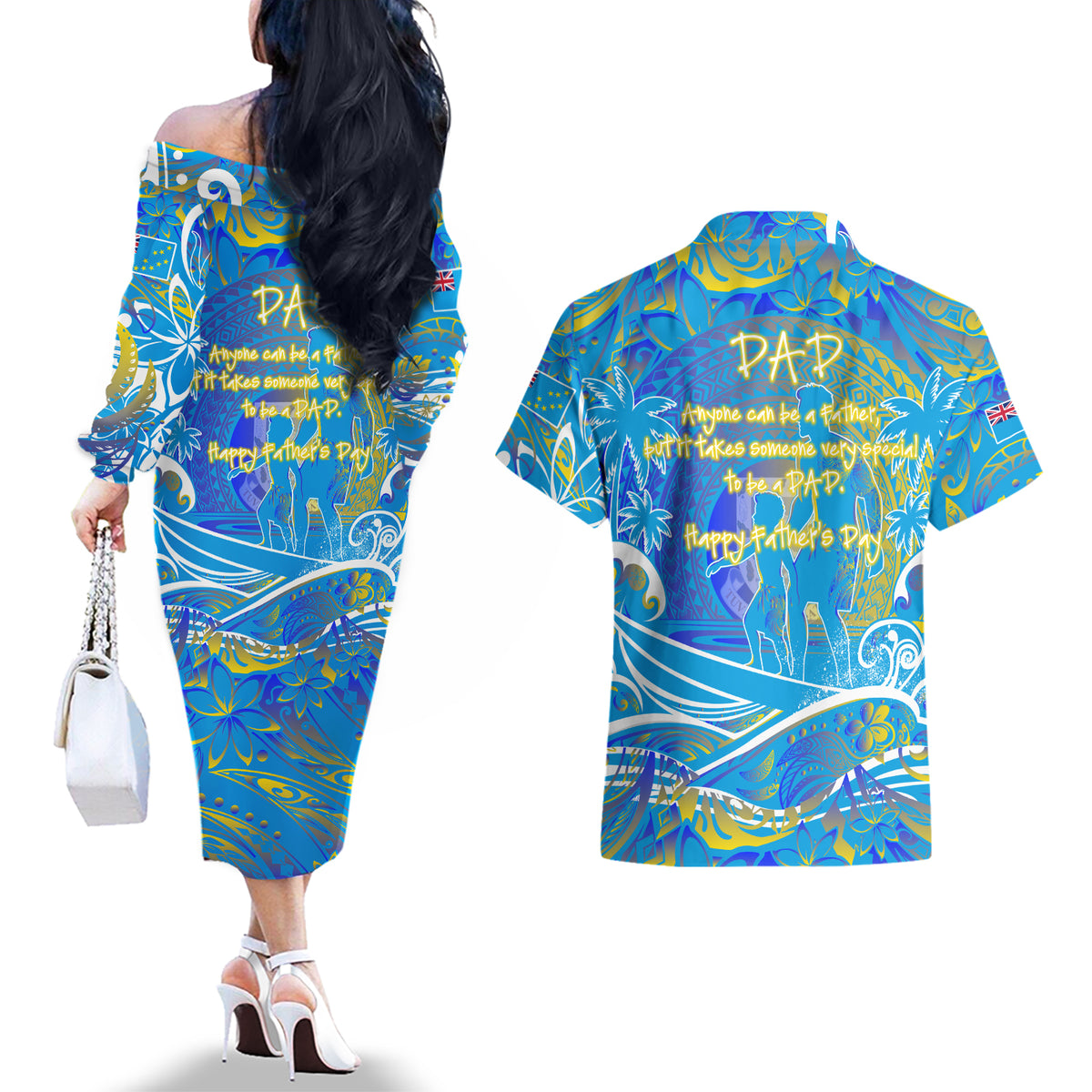 Father's Day Tuvalu Couples Matching Off The Shoulder Long Sleeve Dress and Hawaiian Shirt Special Dad Polynesia Paradise DT02 - Polynesian Pride