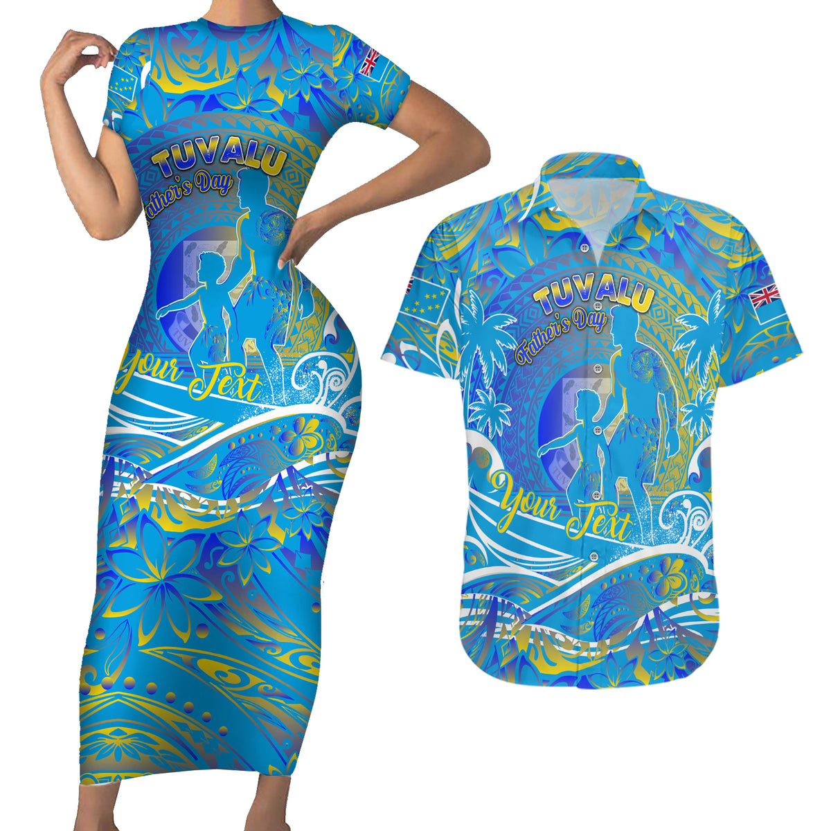 Father's Day Tuvalu Couples Matching Short Sleeve Bodycon Dress and Hawaiian Shirt Special Dad Polynesia Paradise DT02 Blue - Polynesian Pride