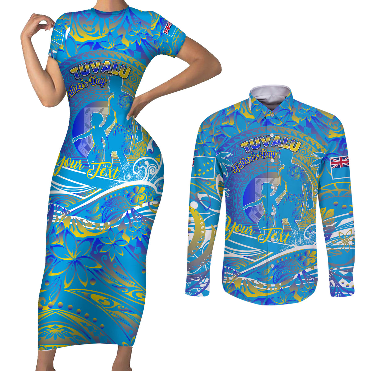 Father's Day Tuvalu Couples Matching Short Sleeve Bodycon Dress and Long Sleeve Button Shirt Special Dad Polynesia Paradise DT02 Blue - Polynesian Pride