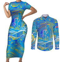 Father's Day Tuvalu Couples Matching Short Sleeve Bodycon Dress and Long Sleeve Button Shirt Special Dad Polynesia Paradise DT02 Blue - Polynesian Pride