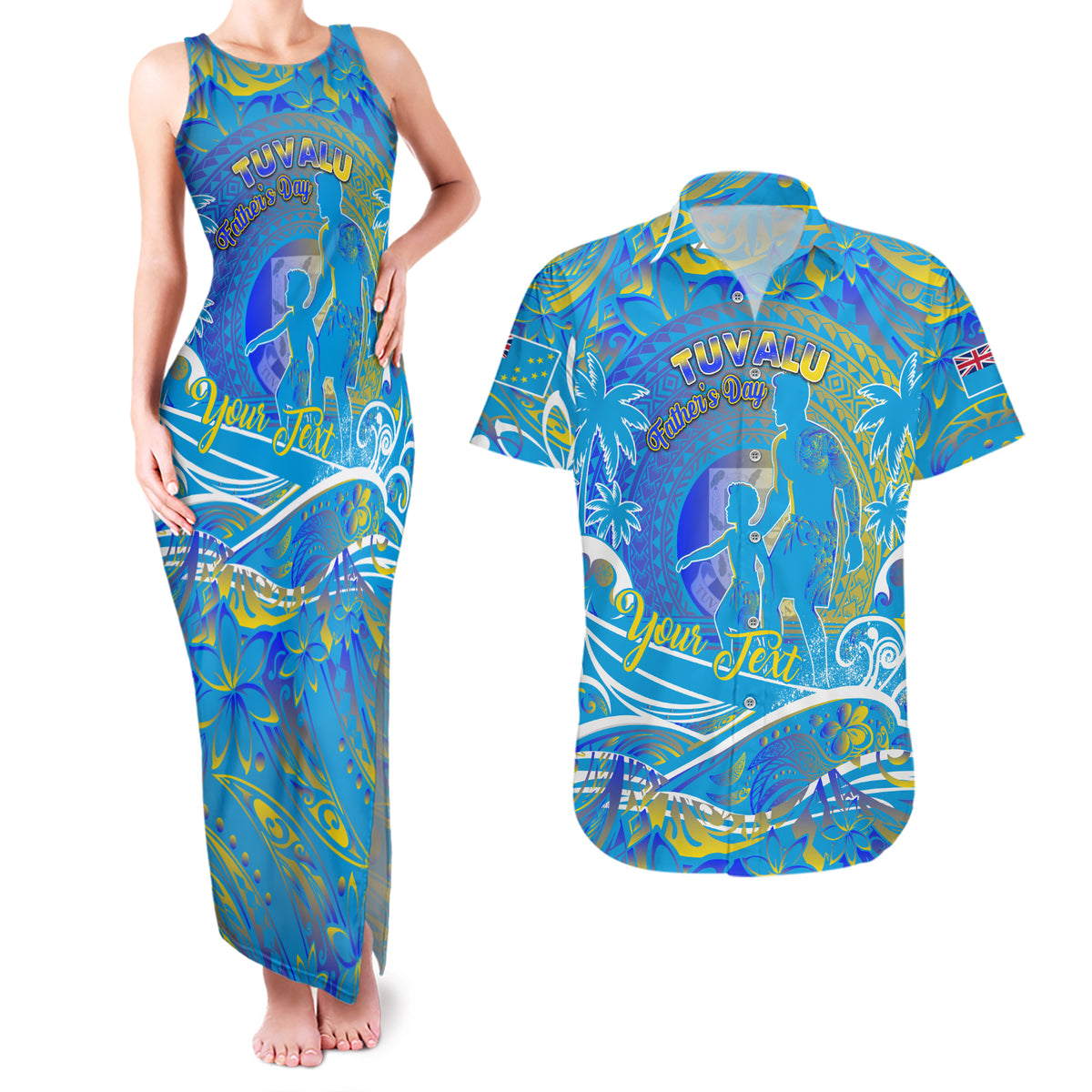 Father's Day Tuvalu Couples Matching Tank Maxi Dress and Hawaiian Shirt Special Dad Polynesia Paradise DT02 Blue - Polynesian Pride