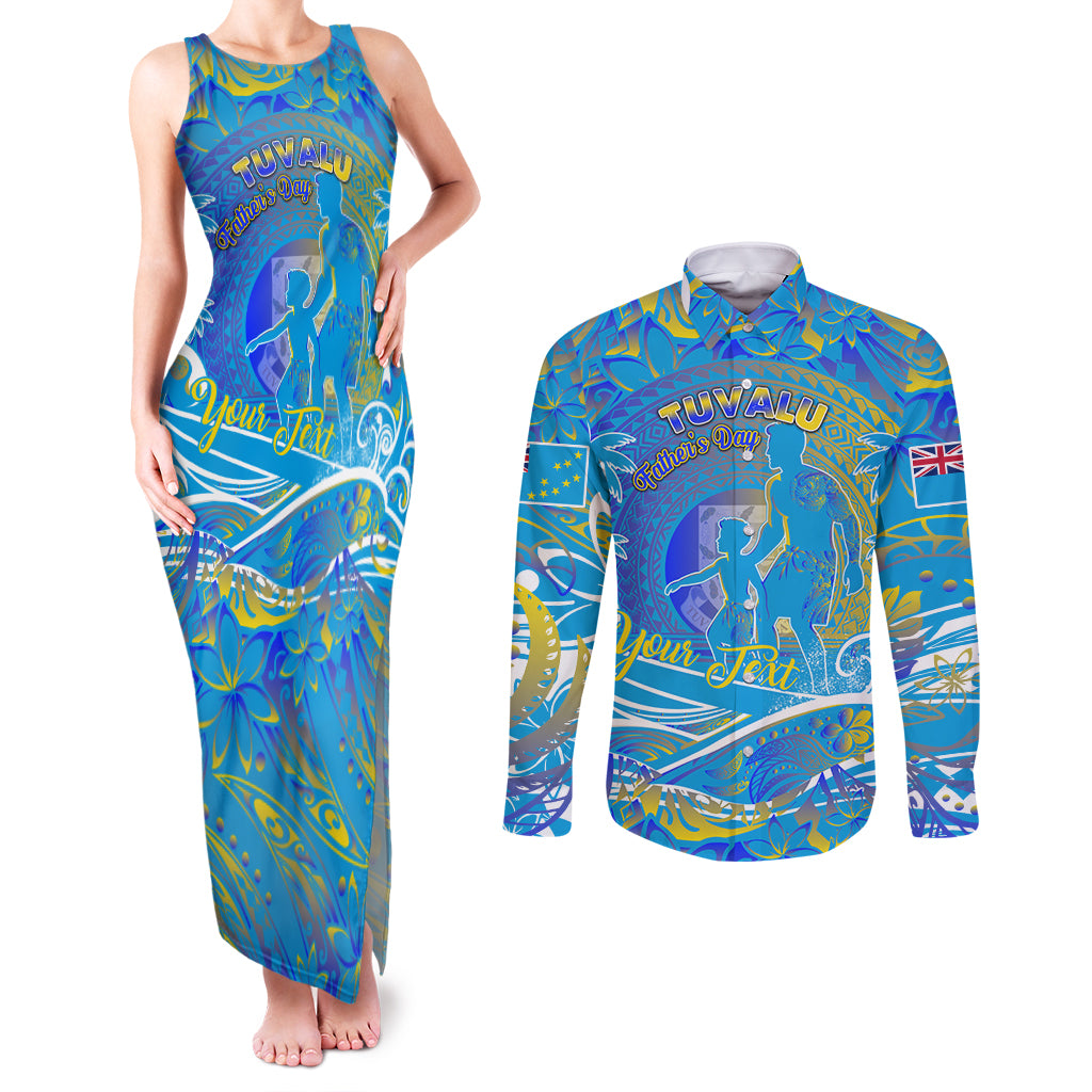 Father's Day Tuvalu Couples Matching Tank Maxi Dress and Long Sleeve Button Shirt Special Dad Polynesia Paradise DT02 Blue - Polynesian Pride