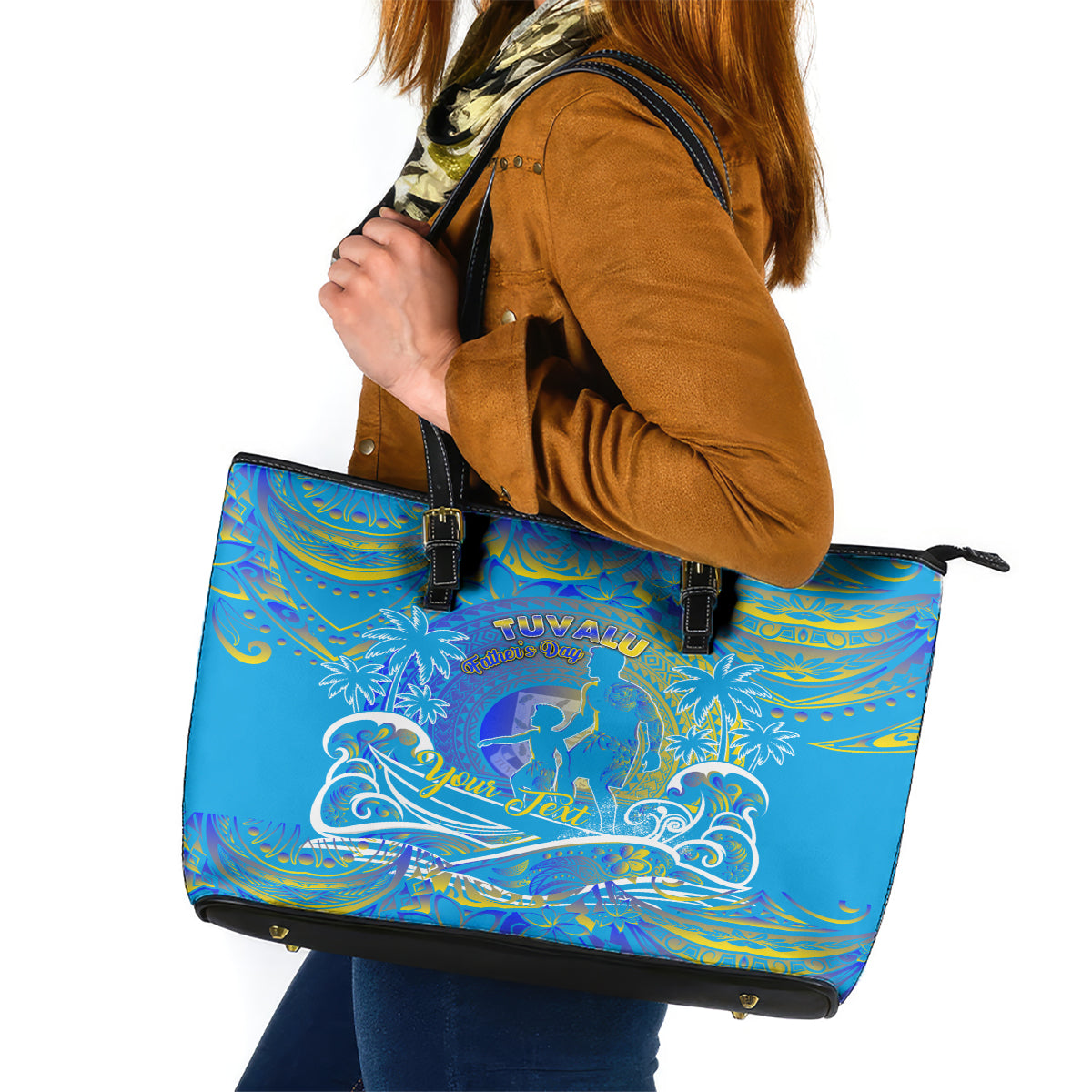 Father's Day Tuvalu Leather Tote Bag Special Dad Polynesia Paradise DT02 Blue - Polynesian Pride