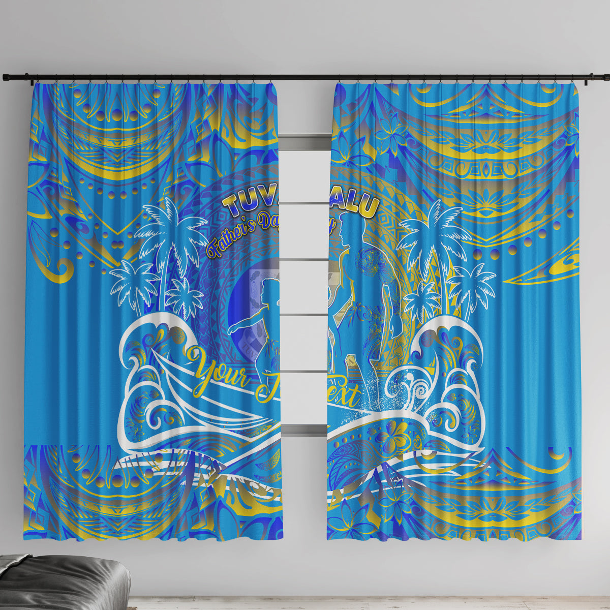 Father's Day Tuvalu Window Curtain Special Dad Polynesia Paradise DT02 With Hooks Blue - Polynesian Pride