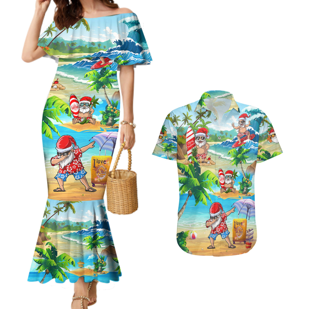 Guam Christmas Couples Matching Mermaid Dress and Hawaiian Shirt Santa Claus Beach and Wave DT02 Art - Polynesian Pride