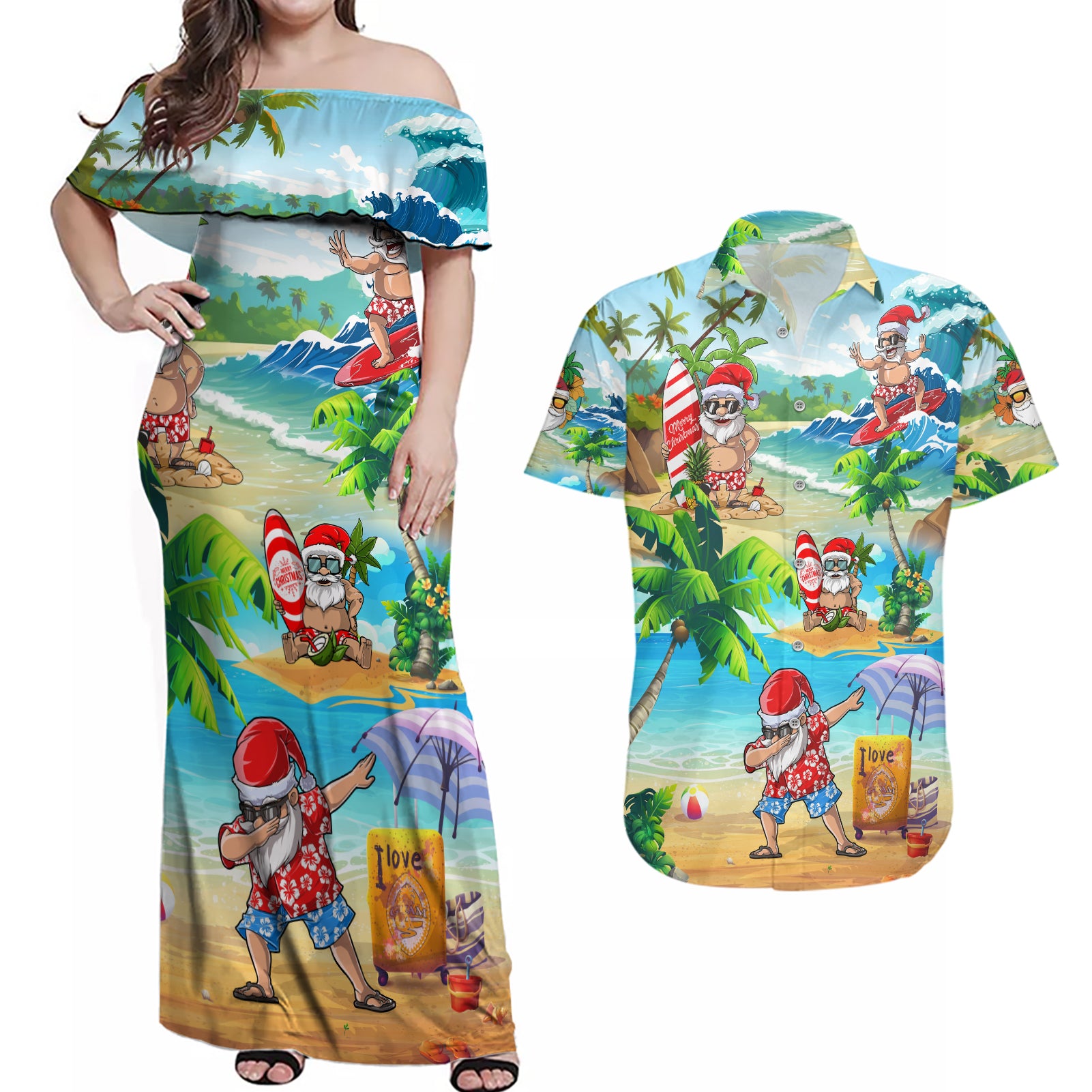 Guam Christmas Couples Matching Off Shoulder Maxi Dress and Hawaiian Shirt Santa Claus Beach and Wave DT02 Art - Polynesian Pride