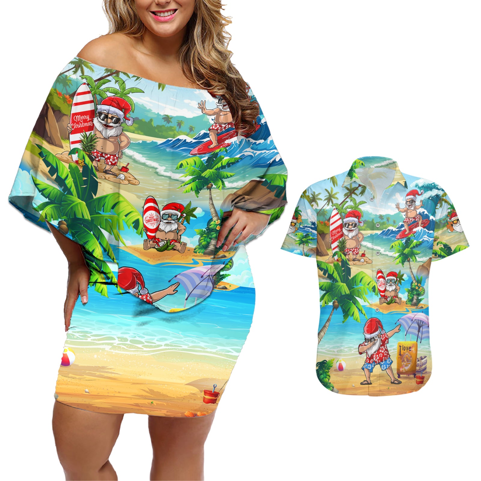 Guam Christmas Couples Matching Off Shoulder Short Dress and Hawaiian Shirt Santa Claus Beach and Wave DT02 Art - Polynesian Pride