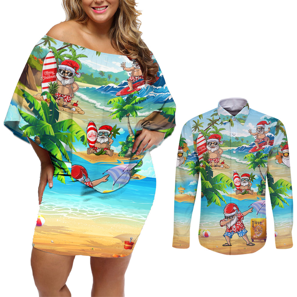 Guam Christmas Couples Matching Off Shoulder Short Dress and Long Sleeve Button Shirts Santa Claus Beach and Wave DT02 Art - Polynesian Pride