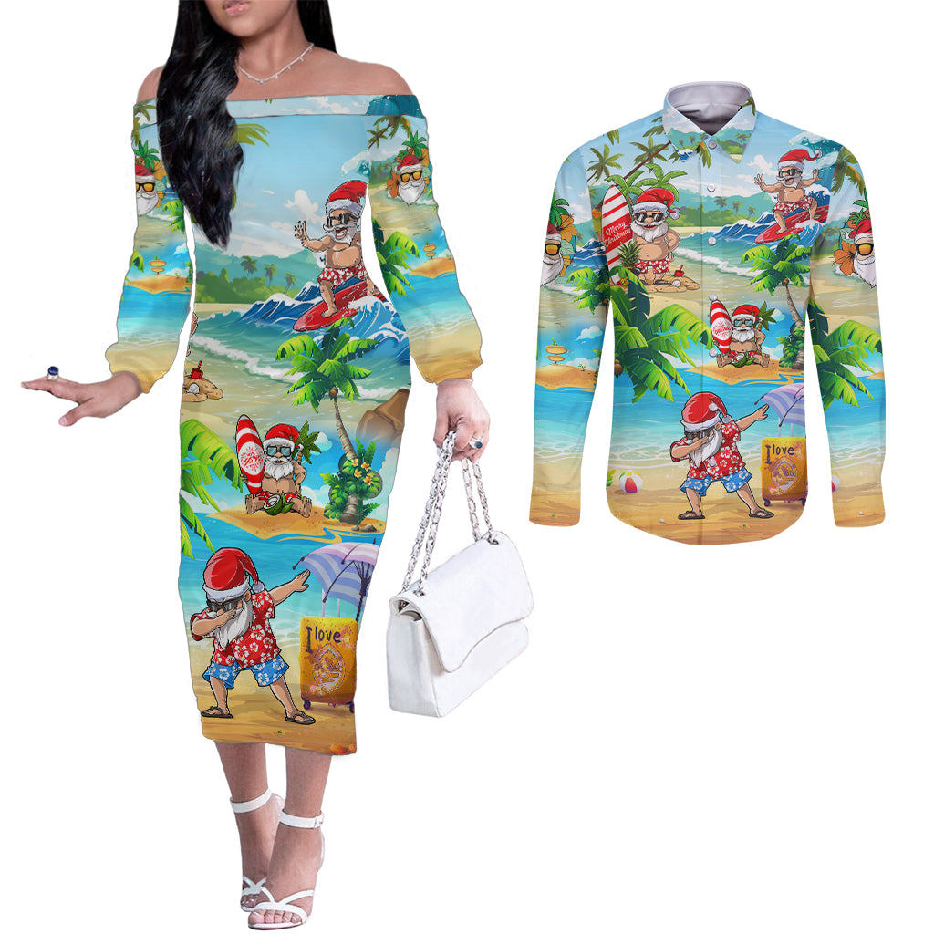 Guam Christmas Couples Matching Off The Shoulder Long Sleeve Dress and Long Sleeve Button Shirts Santa Claus Beach and Wave DT02 Art - Polynesian Pride