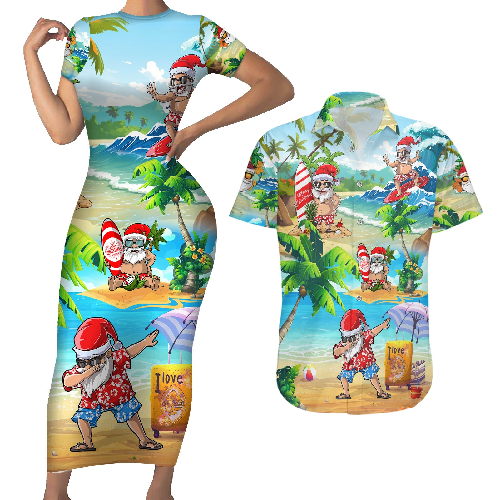 Guam Christmas Couples Matching Short Sleeve Bodycon Dress and Hawaiian Shirt Santa Claus Beach and Wave DT02 Art - Polynesian Pride