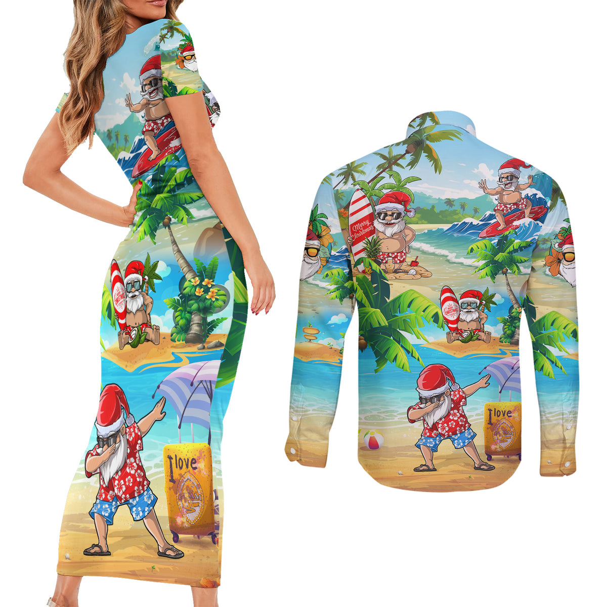Guam Christmas Couples Matching Short Sleeve Bodycon Dress and Long Sleeve Button Shirts Santa Claus Beach and Wave DT02 - Polynesian Pride