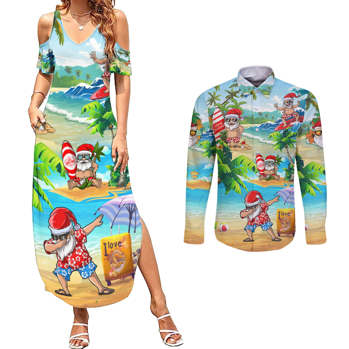 Guam Christmas Couples Matching Summer Maxi Dress and Long Sleeve Button Shirts Santa Claus Beach and Wave DT02 Art - Polynesian Pride