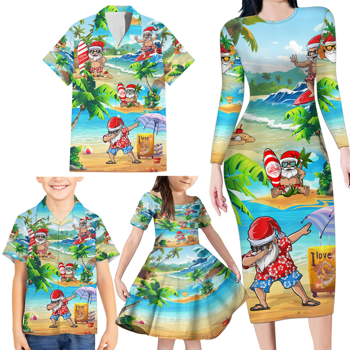 Guam Christmas Family Matching Long Sleeve Bodycon Dress and Hawaiian Shirt Santa Claus Beach and Wave DT02 - Polynesian Pride