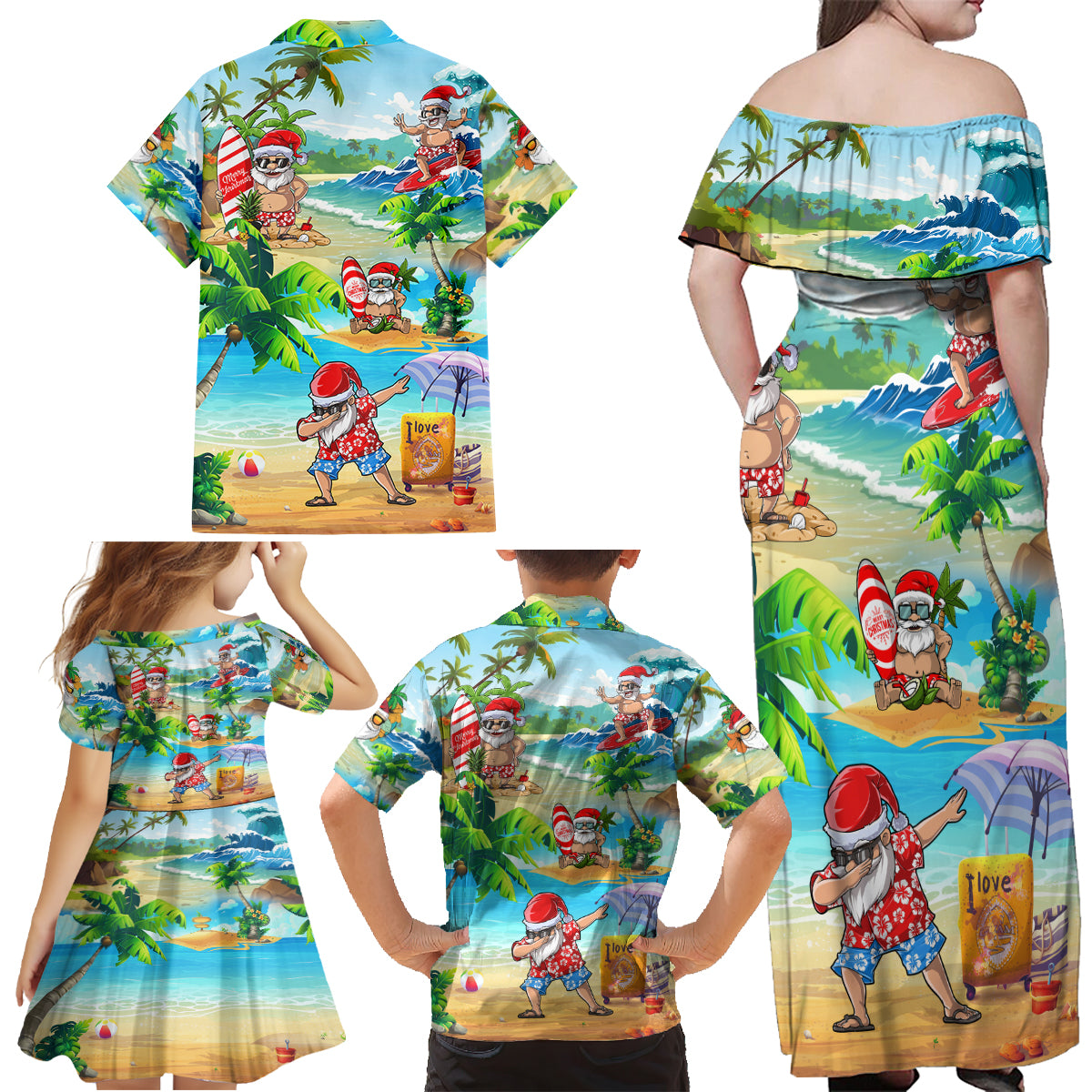 Guam Christmas Family Matching Off Shoulder Maxi Dress and Hawaiian Shirt Santa Claus Beach and Wave DT02 - Polynesian Pride