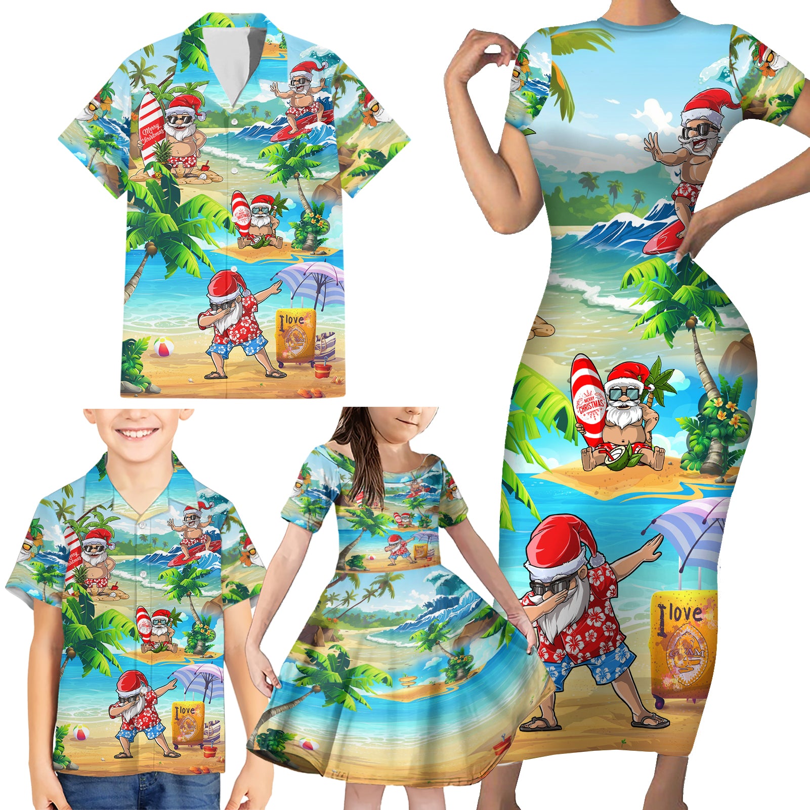 Guam Christmas Family Matching Short Sleeve Bodycon Dress and Hawaiian Shirt Santa Claus Beach and Wave DT02 - Polynesian Pride