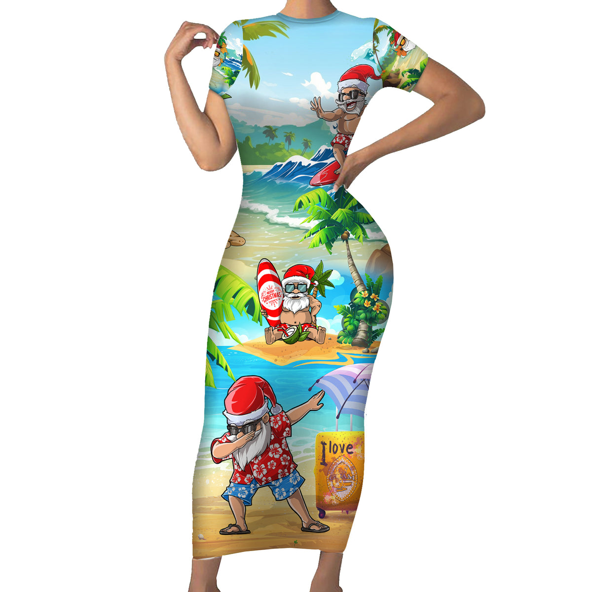 Guam Christmas Family Matching Short Sleeve Bodycon Dress and Hawaiian Shirt Santa Claus Beach and Wave DT02 Mom's Dress Art - Polynesian Pride