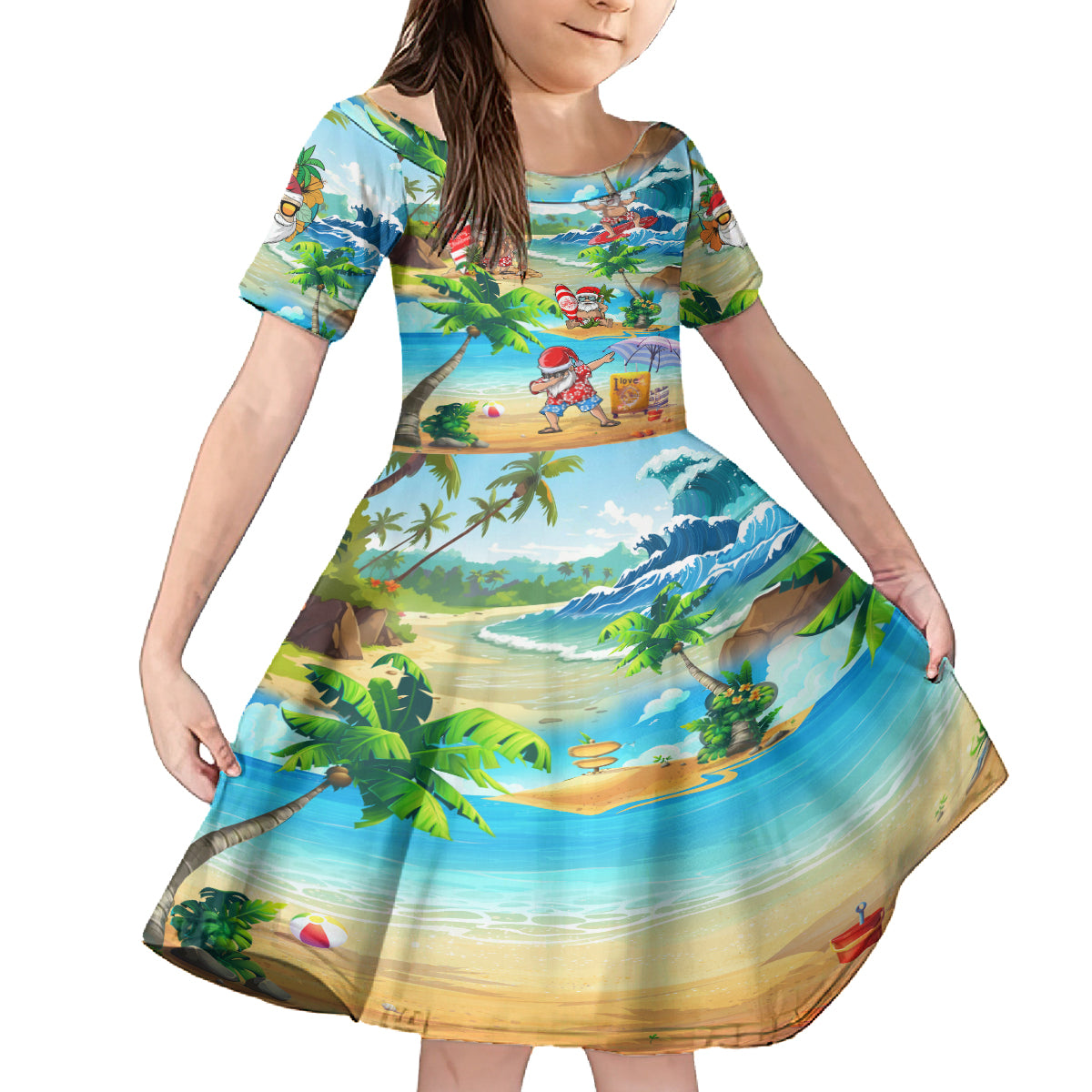 Guam Christmas Kid Short Sleeve Dress Santa Claus Beach and Wave DT02 KID Art - Polynesian Pride